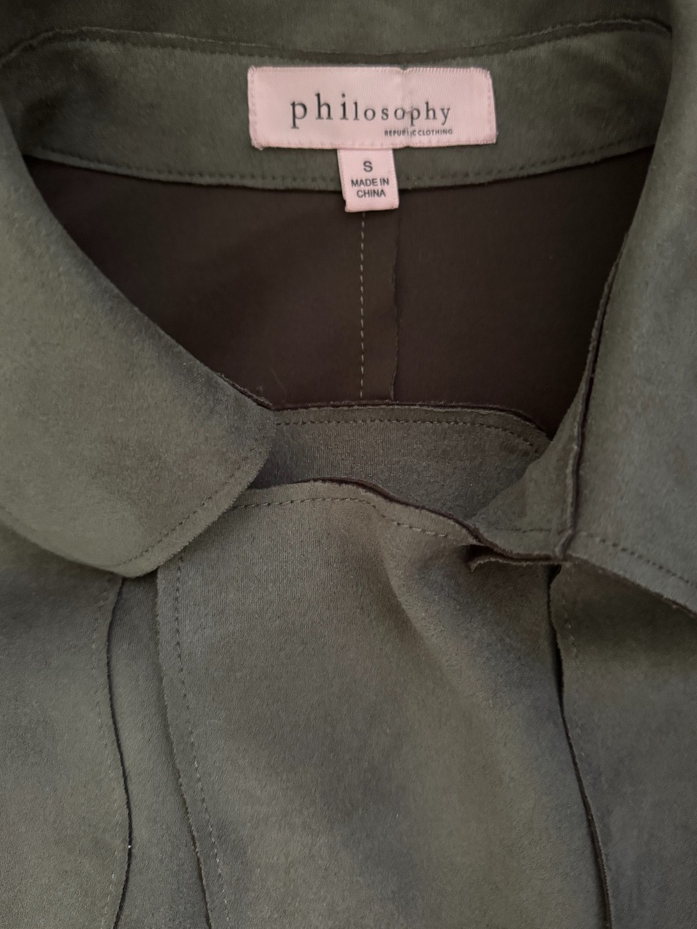 NWOT Philosophy Faux Microsuede Trench Coat in Olive Green Size Small - Picture 3 of 4